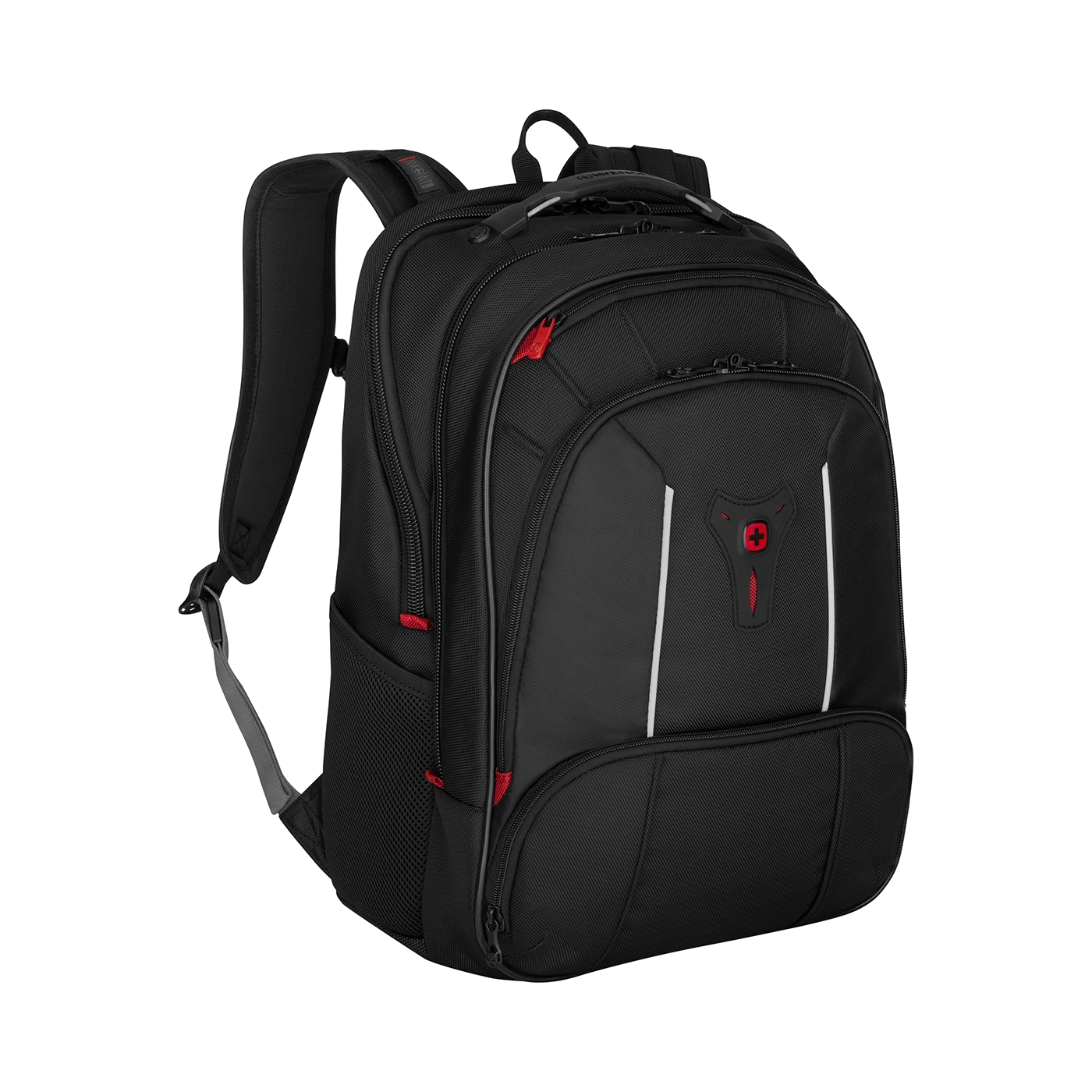 Schwarzer Rucksack mit roten Akzenten und weißem Streifen auf schwarzem Hintergrund.