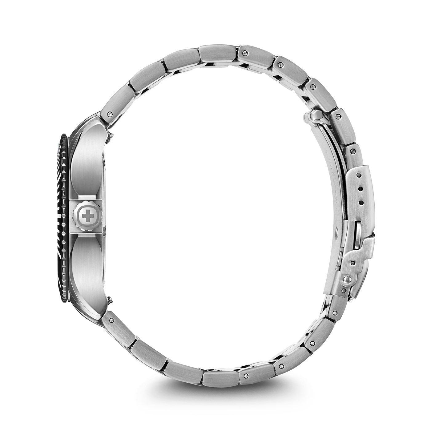 Watch with metal bracelet, side view, black background, close-up detail shot