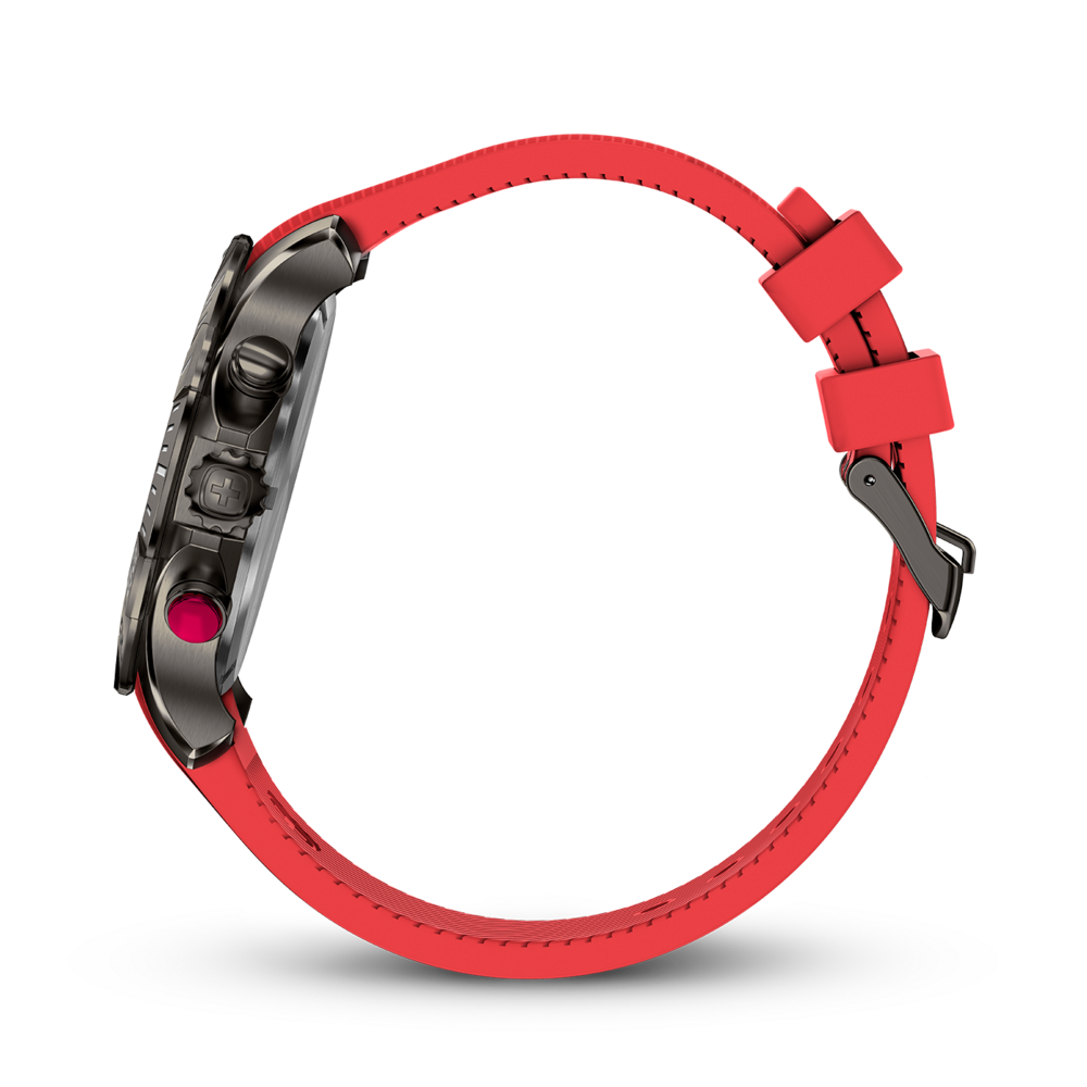 Watch with red strap, side view, close-up, black case, red button, detail