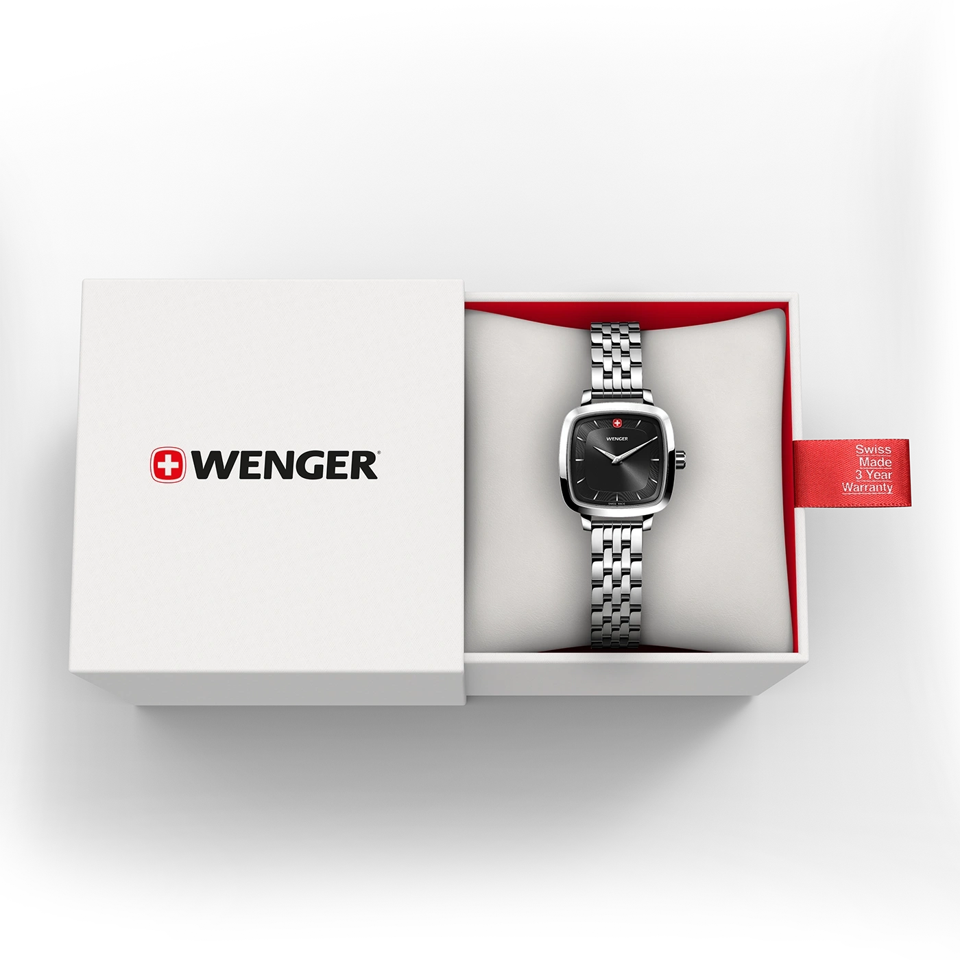 Wenger Uhr in einer Box. Schwarzes Zifferblatt, silbernes Armband, 3 Jahre Garantie.