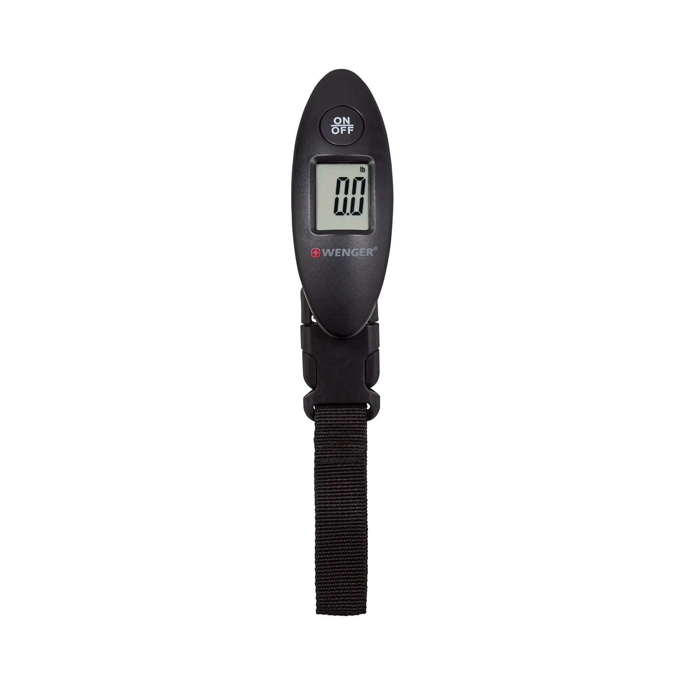 Black luggage scale with digital display and Wenger logo