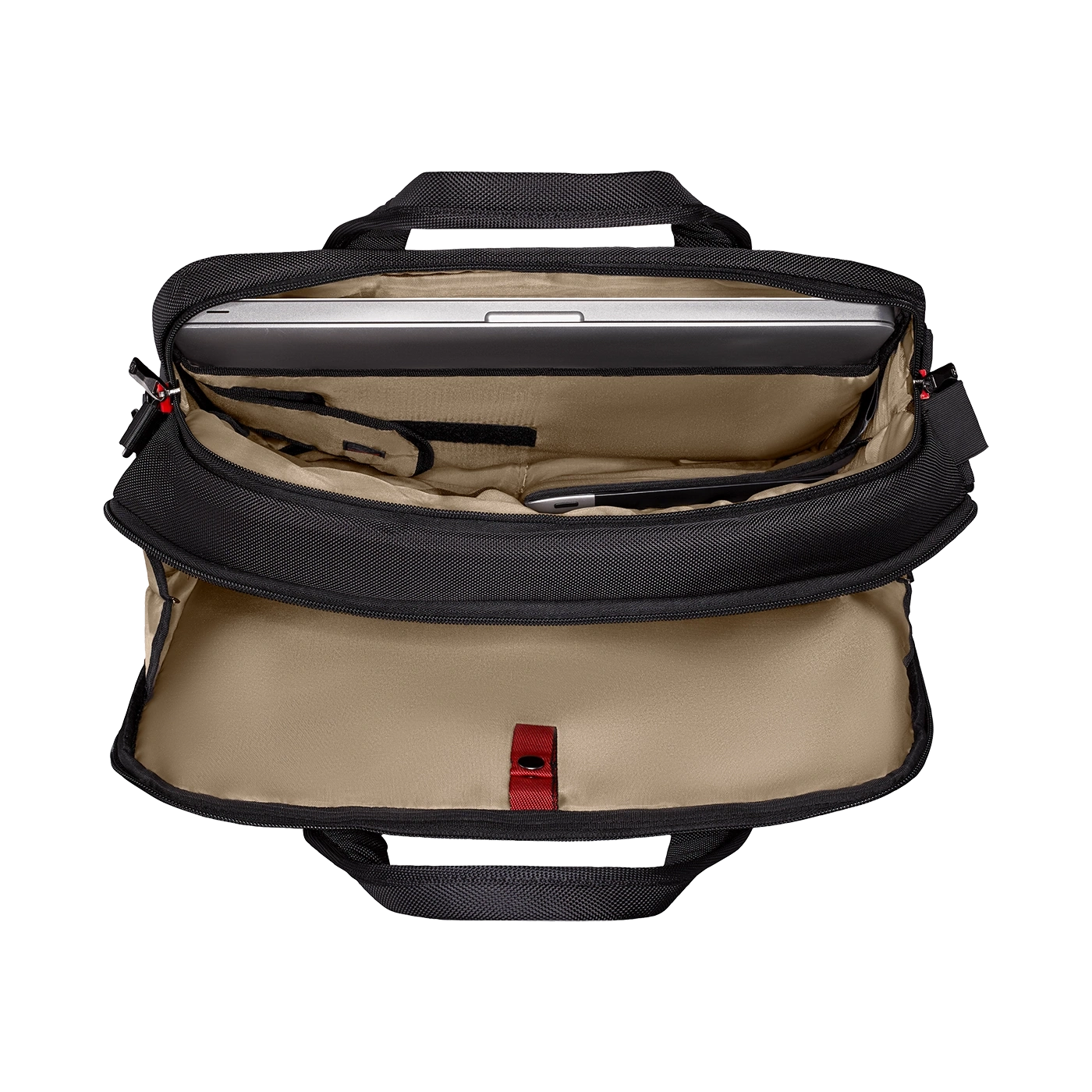 Schwarze Laptoptasche, offen, mit Laptop und Zubehör, Innenansicht, Nahaufnahme