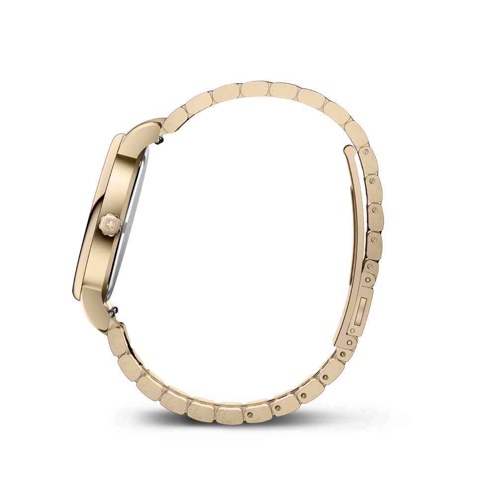 Side view of a gold ladies watch with bracelet on a white background.