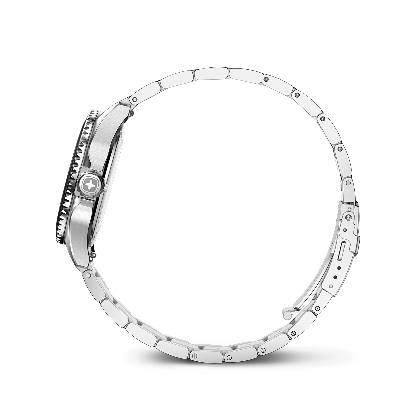 Edelstahluhr mit silbernem Armband auf weißem Hintergrund