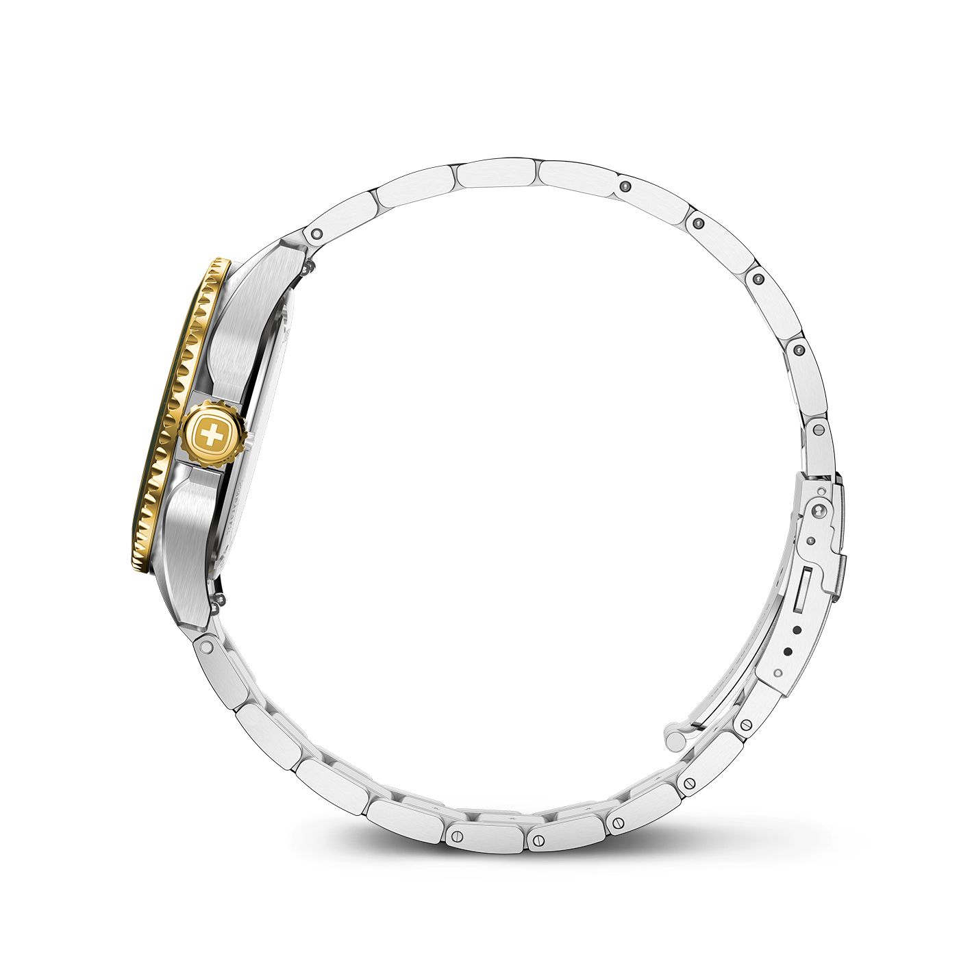 Un bracelet de montre argenté avec une lunette dorée et un emblème en croix.