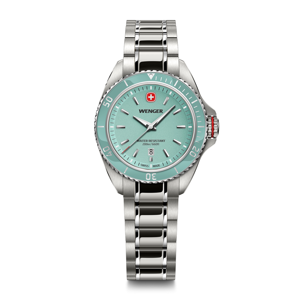 A sleek silver Wenger dive watch with a mint green dial and date window, set against a white background.