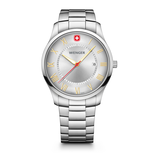 Wenger Uhr mit silbernem Zifferblatt und römischen Ziffern auf schwarzem Hintergrund