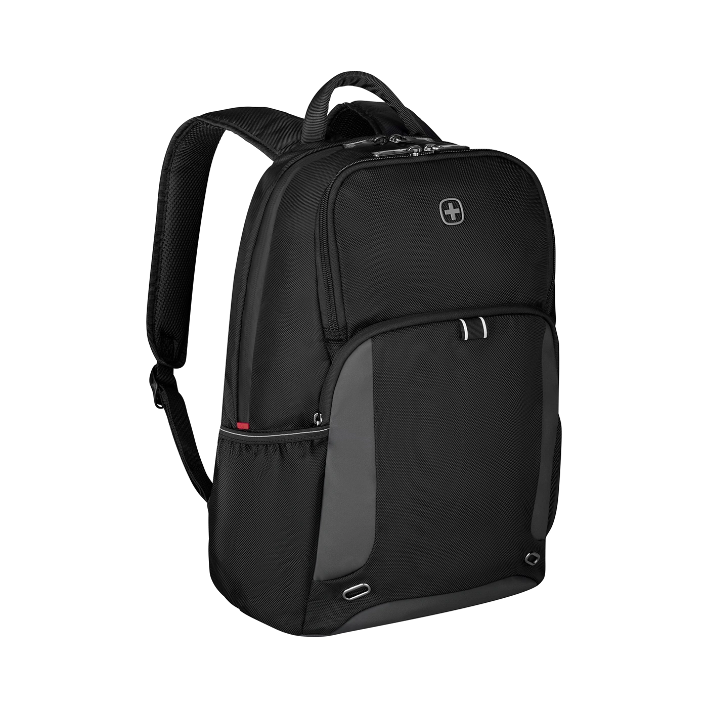 Schwarzer Rucksack mit grauem Akzent und Schweizer Kreuz Logo