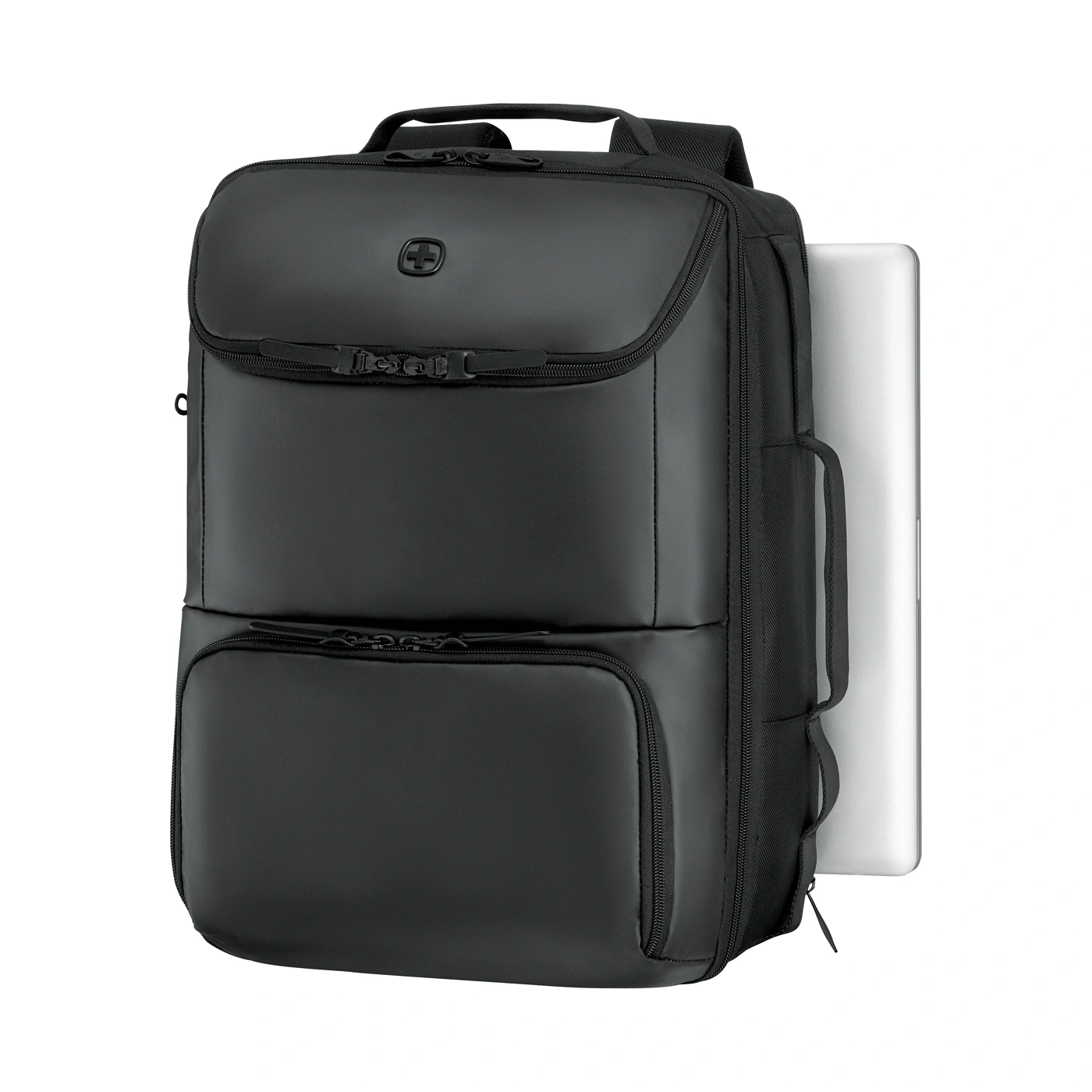 Schwarzer Rucksack mit Laptopfach und Reißverschlüssen