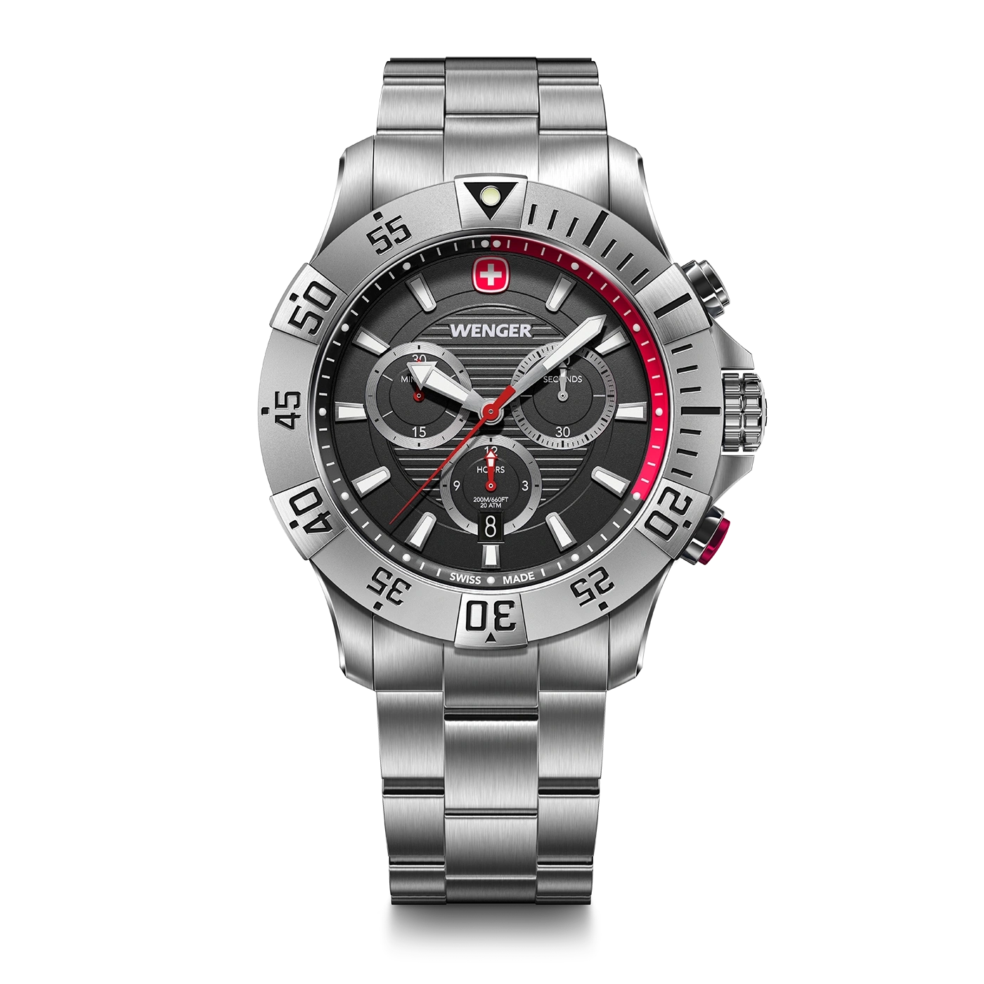 Wenger watch, silver case, black dial, red accents, chronograph, Swiss Made, stainless steel