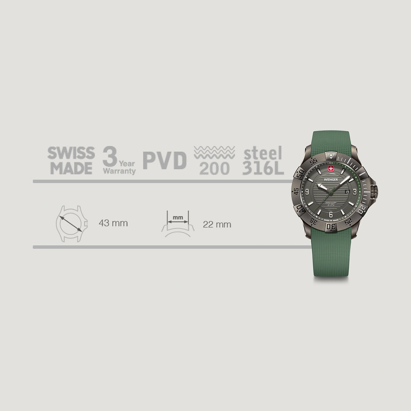 Wenger watch, Swiss Made, 3 year warranty, PVD, steel, 200m, 43mm, 22mm