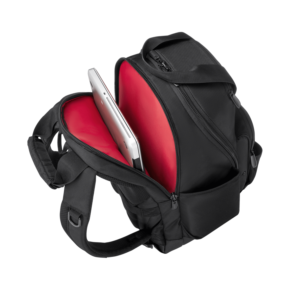 Sac à dos noir doublé de rouge avec un ordinateur portable