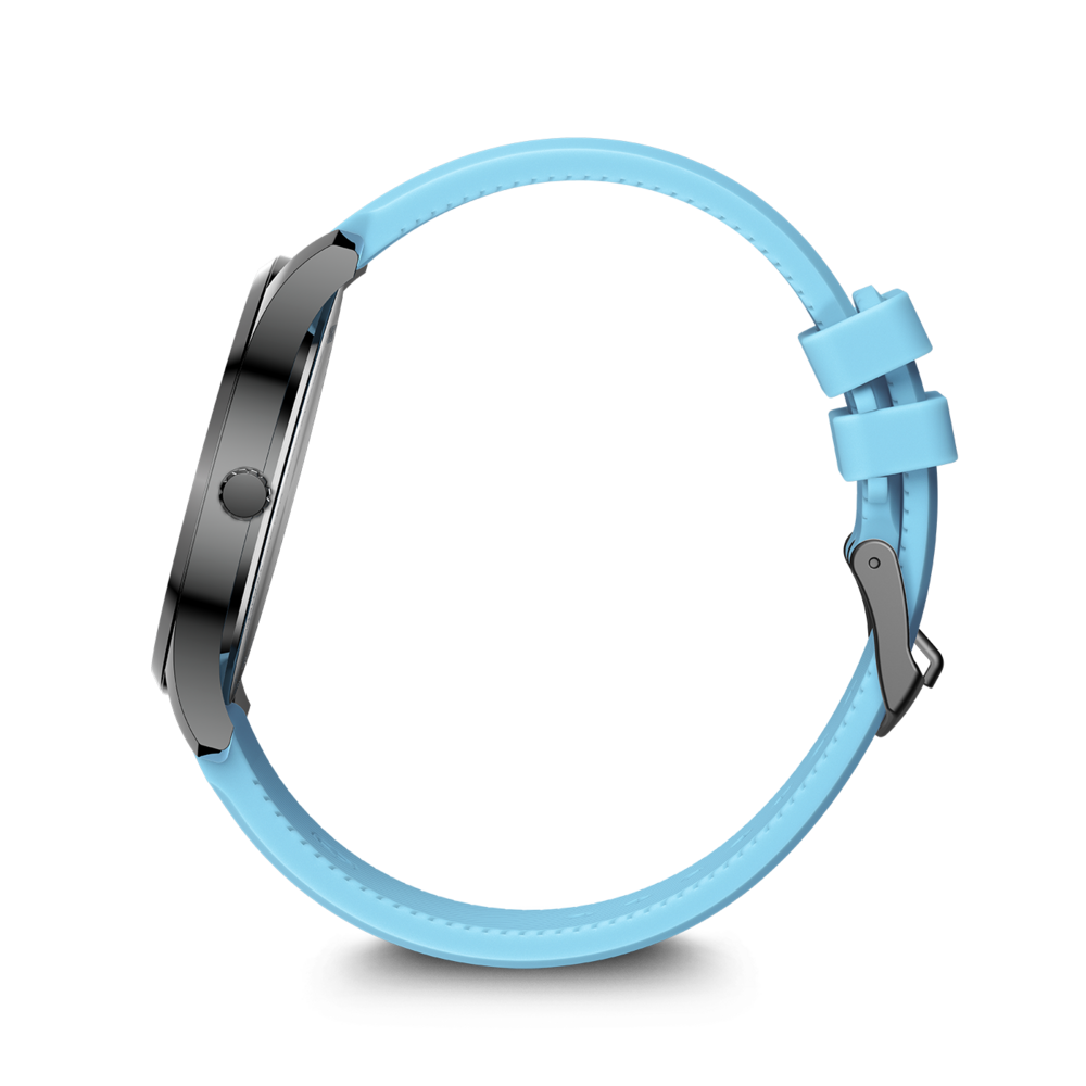 Eine blaue Smartwatch mit silbernem Gehäuse und einem Band aus blauem Silikon, die auf weißem Hintergrund zu sehen ist.