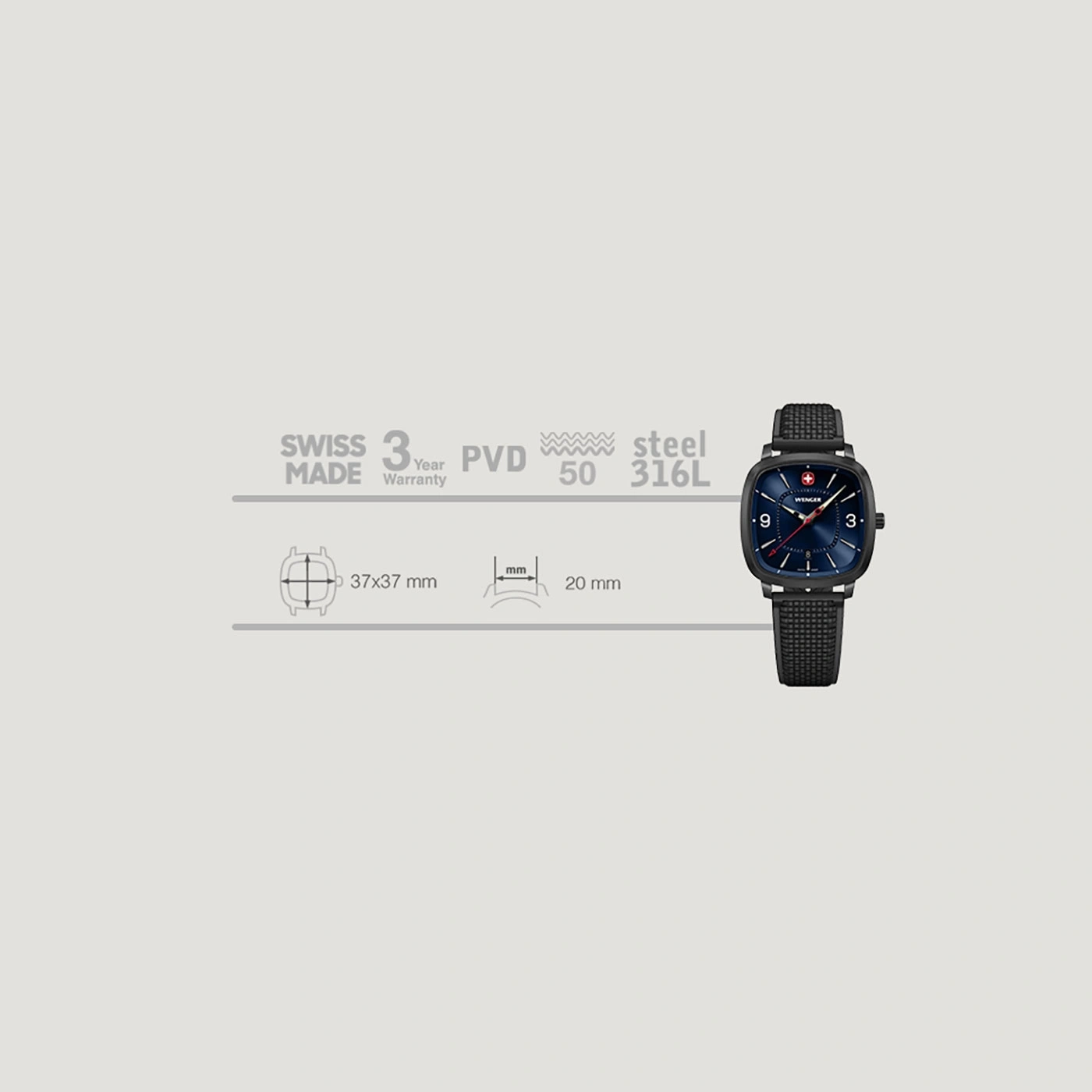 Schweizer Uhr mit 3 Jahren Garantie, PVD-Beschichtung, Stahlgehäuse, 37x37mm