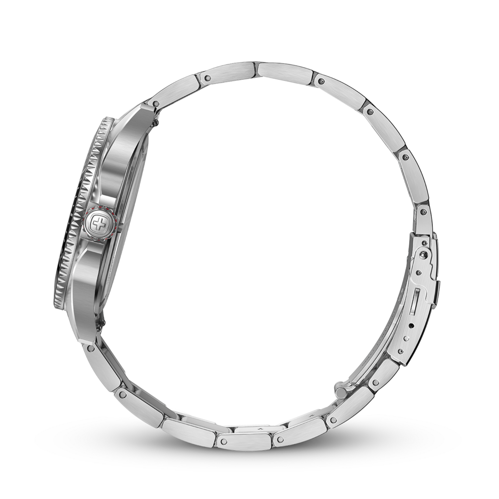 Edelstahl-Armbanduhr mit silbernem Gehäuse und schwarzem Hintergrund