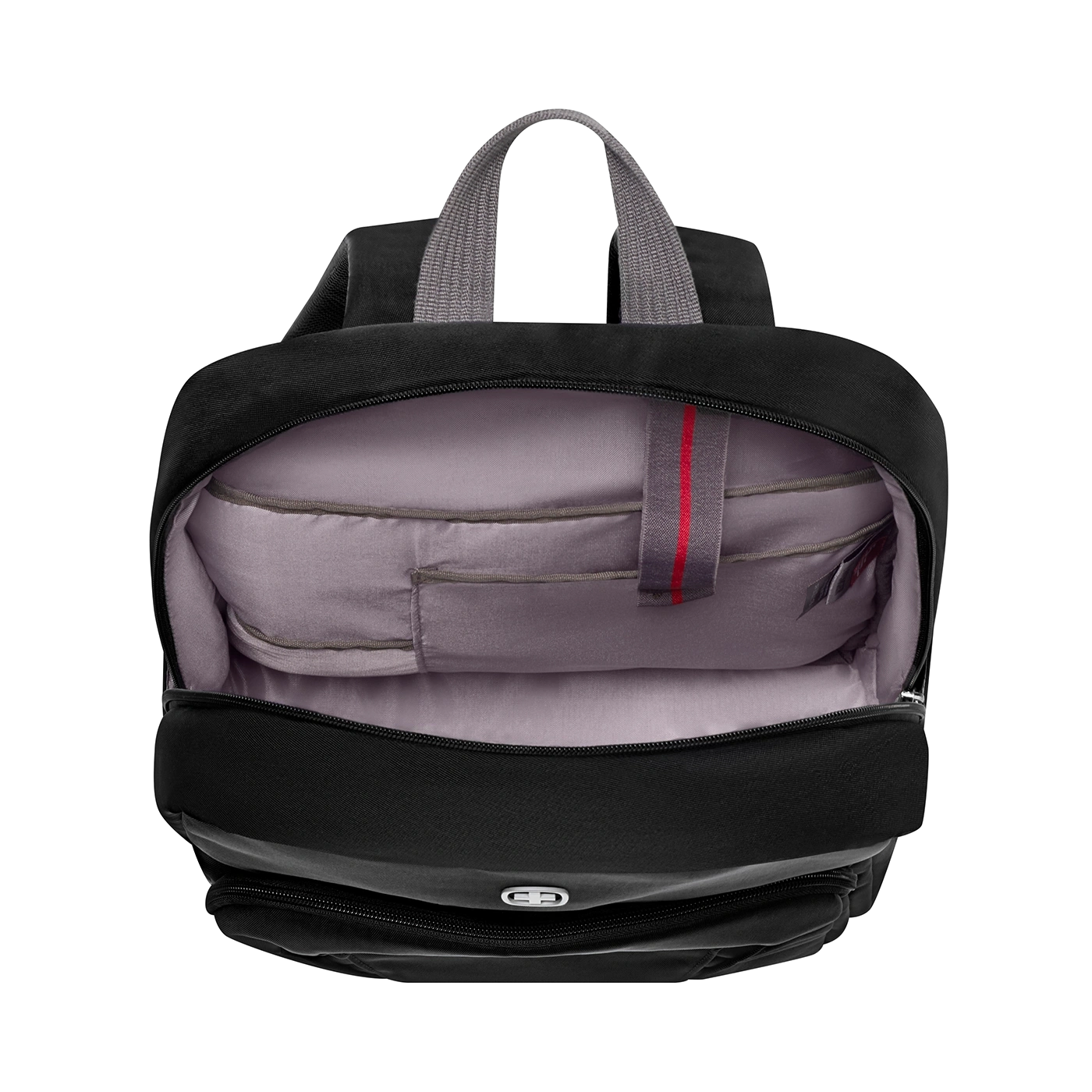Schwarzer Rucksack, offen, mit grauem Innenfutter und rotem Detail