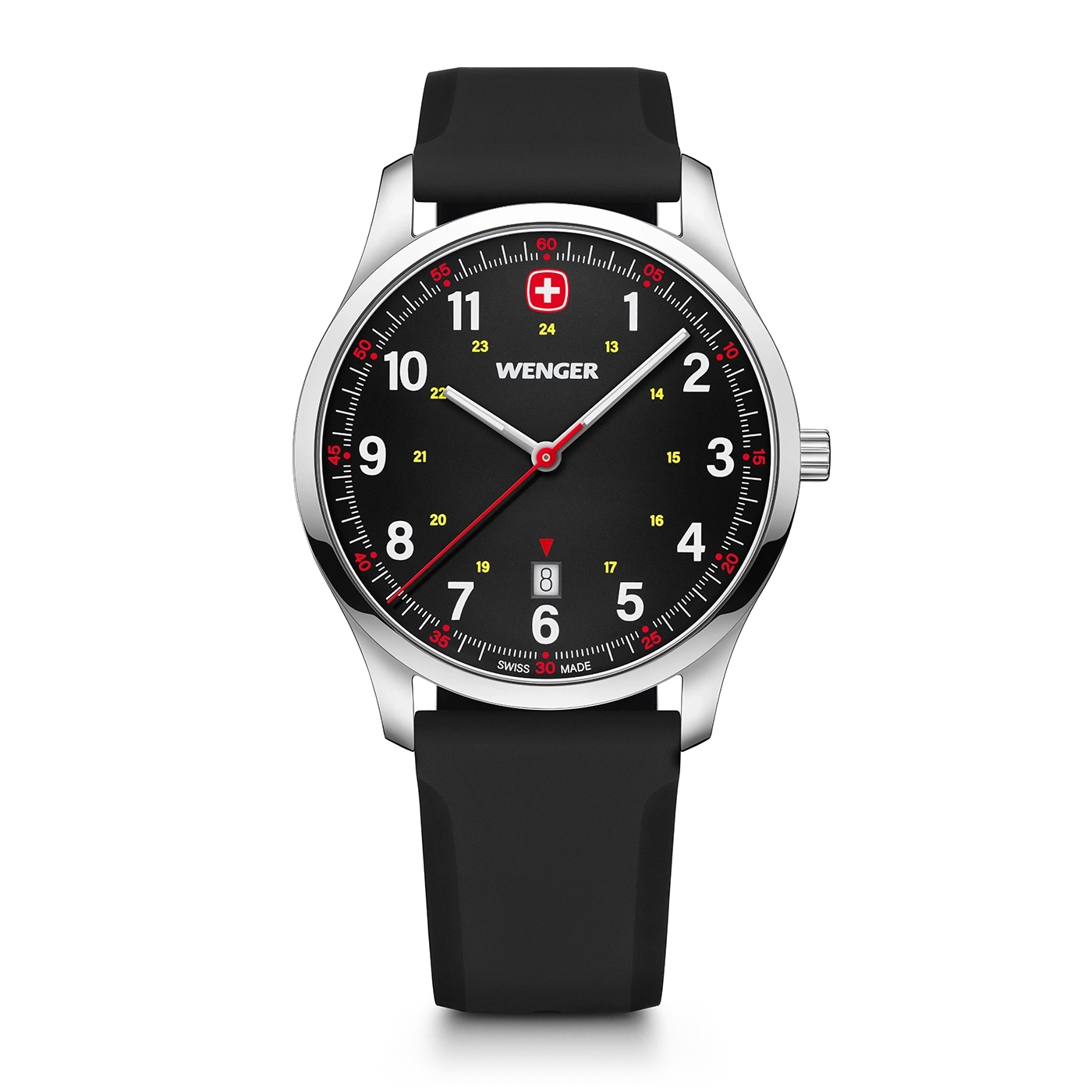 Black watch with silver case, red second hand, and date display.