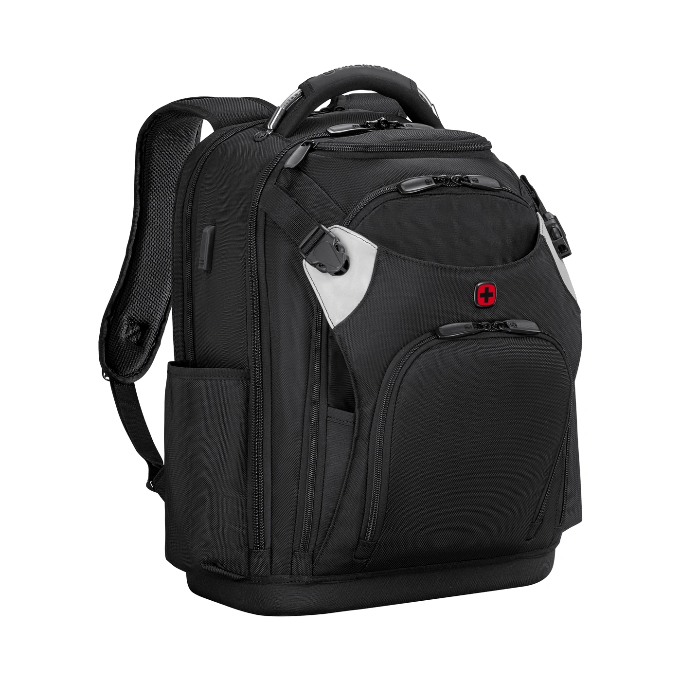 Schwarzer Rucksack mit Schweizer Kreuz-Logo und vielen Fächern.