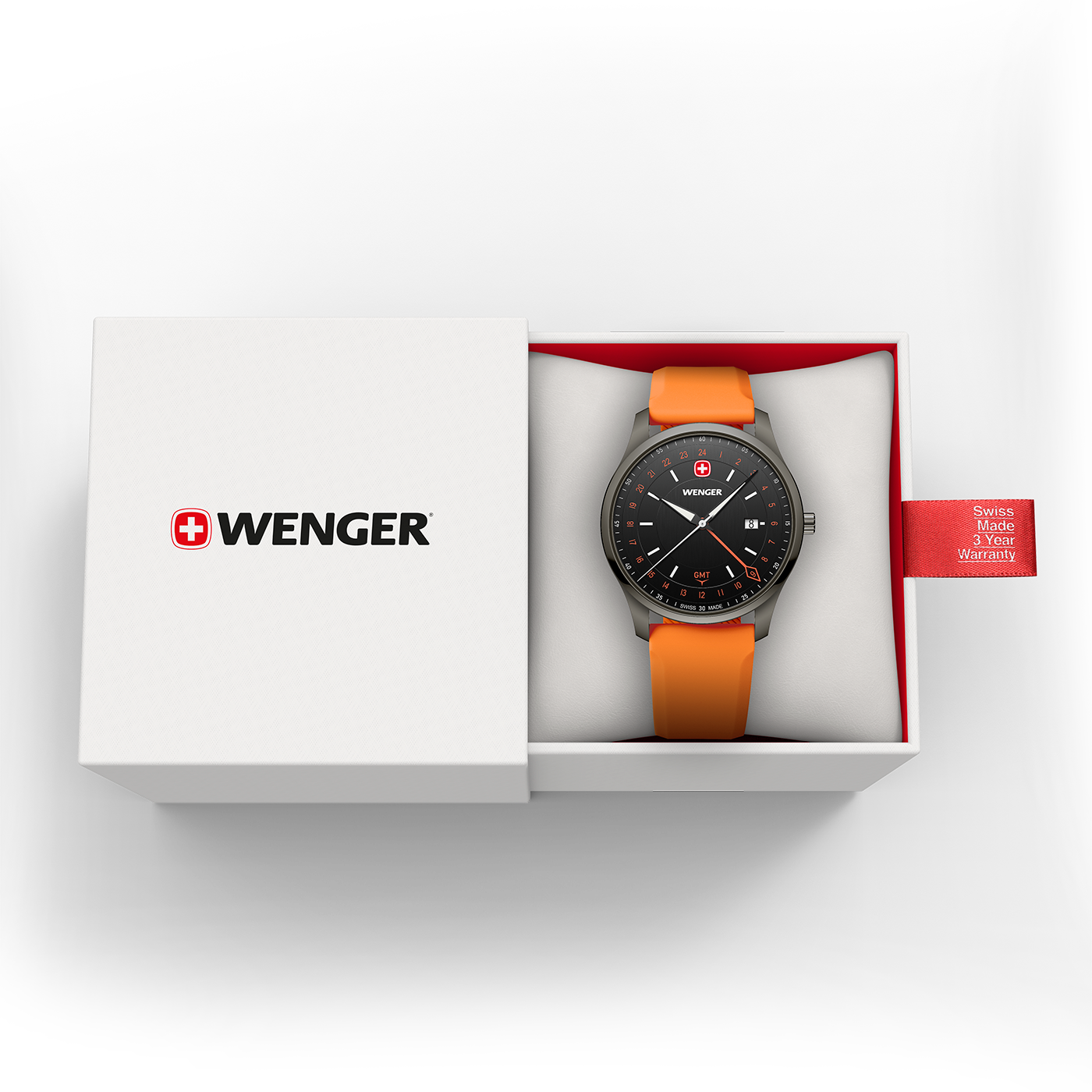Ein Wenger-Armbanduhr in orangefarbener Verpackung mit Garantieanhänger.