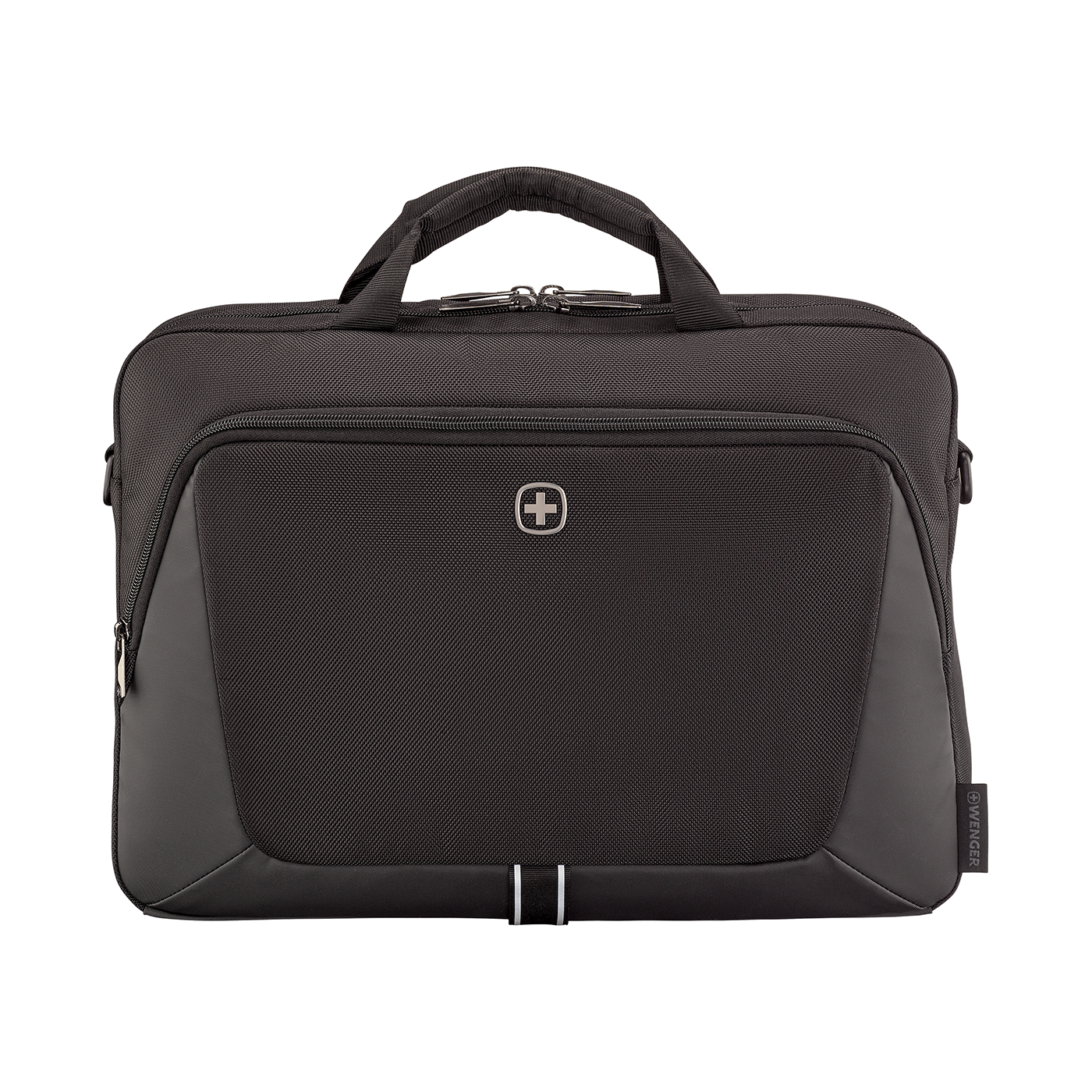 Schwarze Laptoptasche mit Griff und Logo, Wenger-Marke, für Büro oder Reisen.