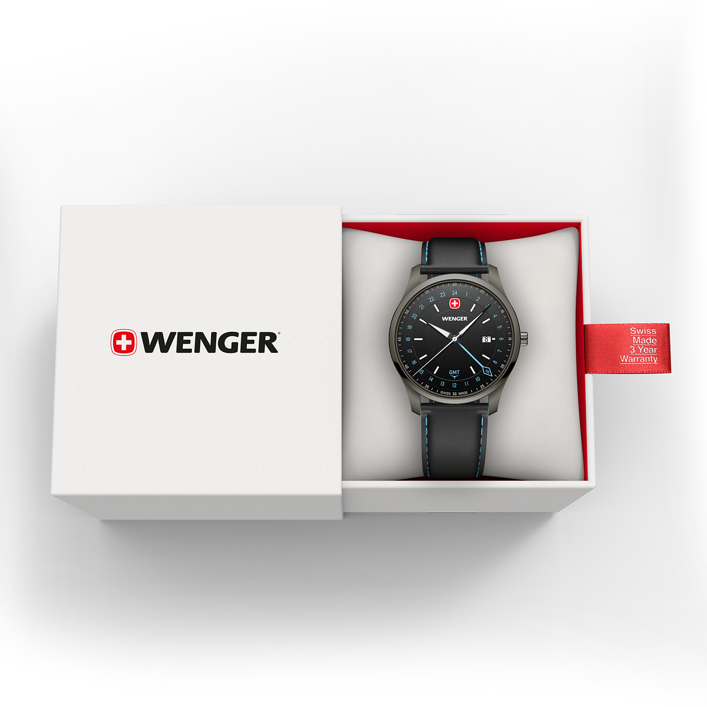 Wenger Uhr in einer Geschenkbox mit einem roten Garantieanhänger.
