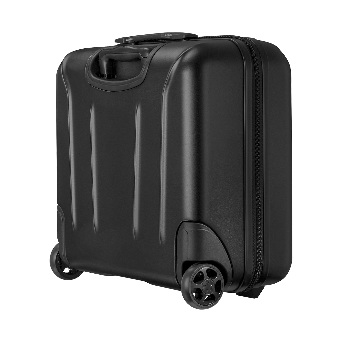 Black suitcase with wheels and handle.
