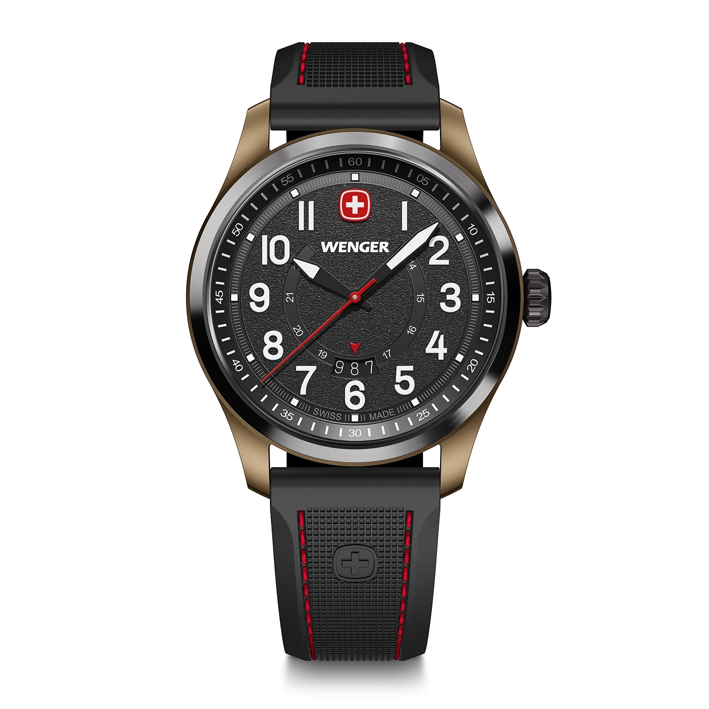 Wenger Uhr mit schwarzem Zifferblatt und rotem Akzent, goldenem Gehäuse und schwarzem Armband.