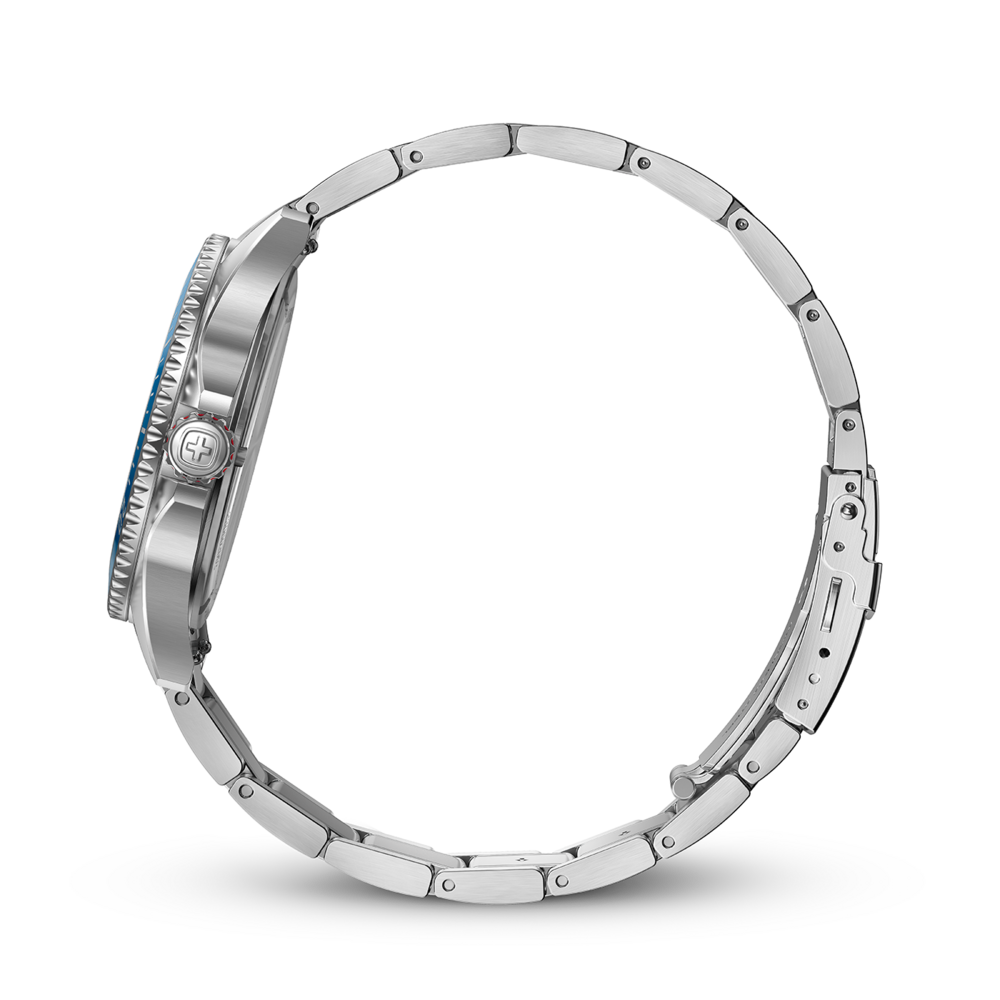 Uhr mit silbernem Armband, Seitenansicht, schwarzer Hintergrund, Detailaufnahme