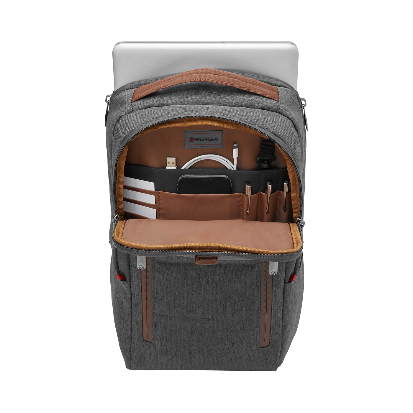 Grey backpack with brown accents, open, with laptop and accessories inside.