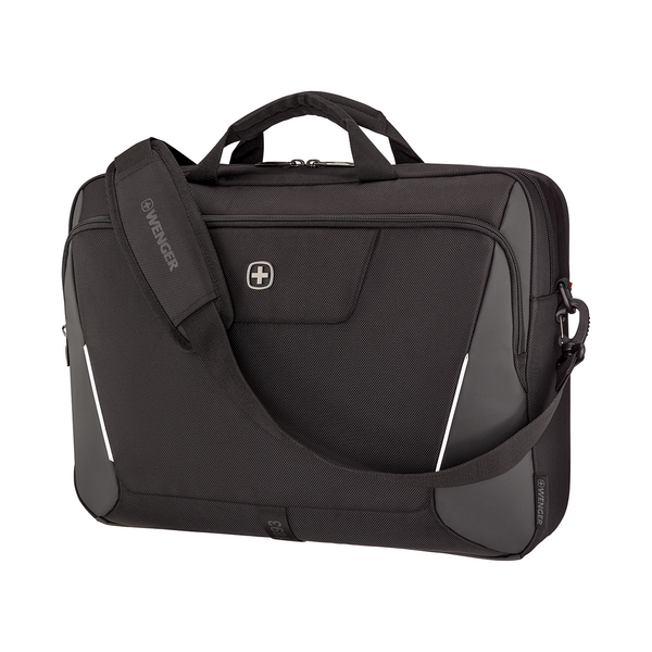 Schwarze Laptoptasche von Wenger mit Schultergurt und Logo.