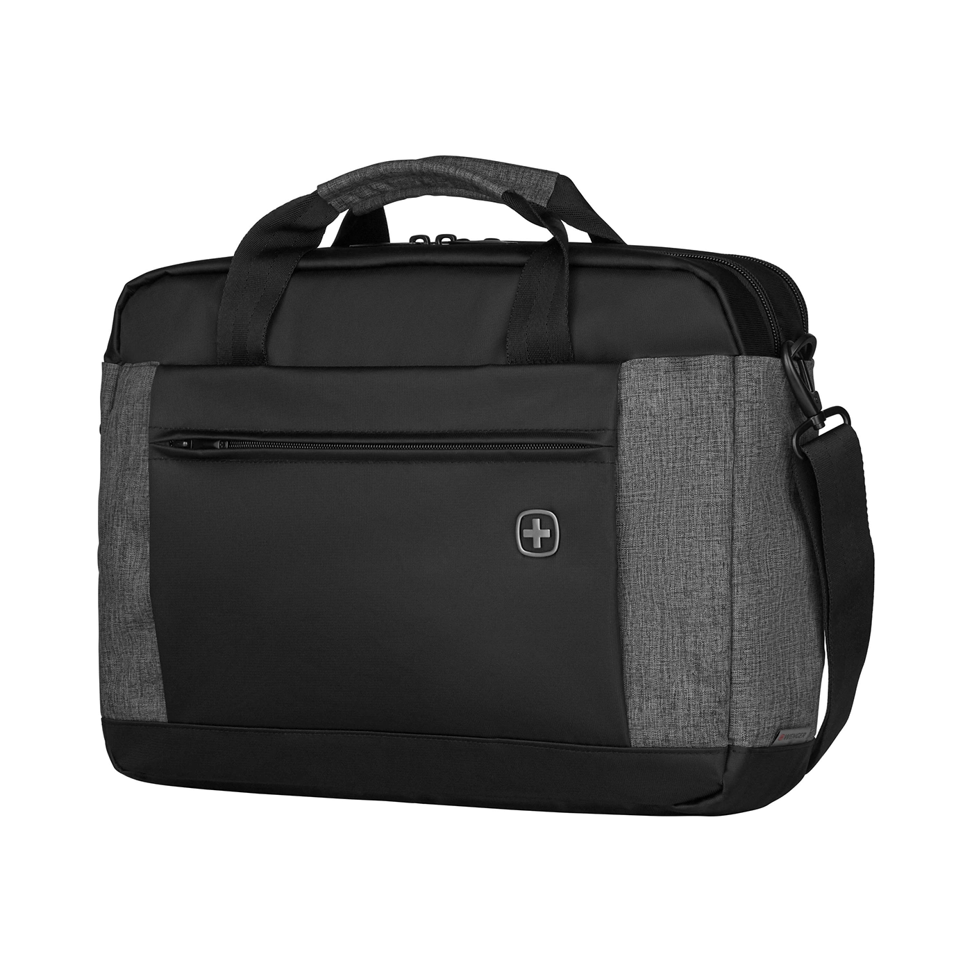 Black briefcase with gray fabric and logo, shoulder bag, handle, zipper, business bag