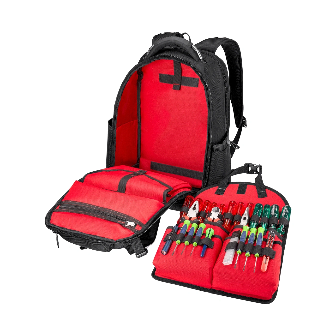 Werkzeugrucksack mit geöffnetem Hauptfach und herausnehmbarer Werkzeugtasche.