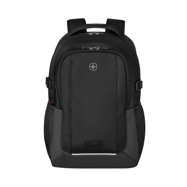 Schwarzer Rucksack mit Logo und Reißverschlüssen, ideal für den Alltag.
