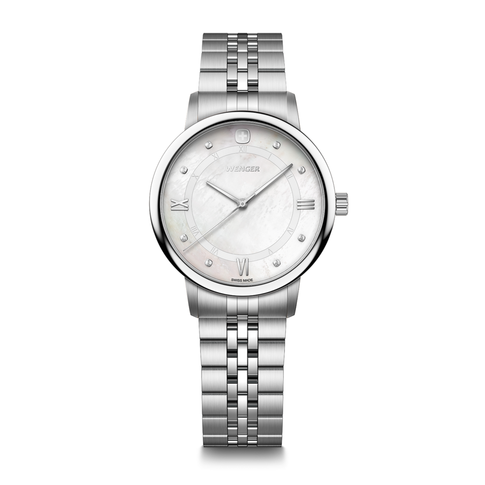 A silver Wenger ladies watch with a mother-of-pearl dial and Roman numerals.
