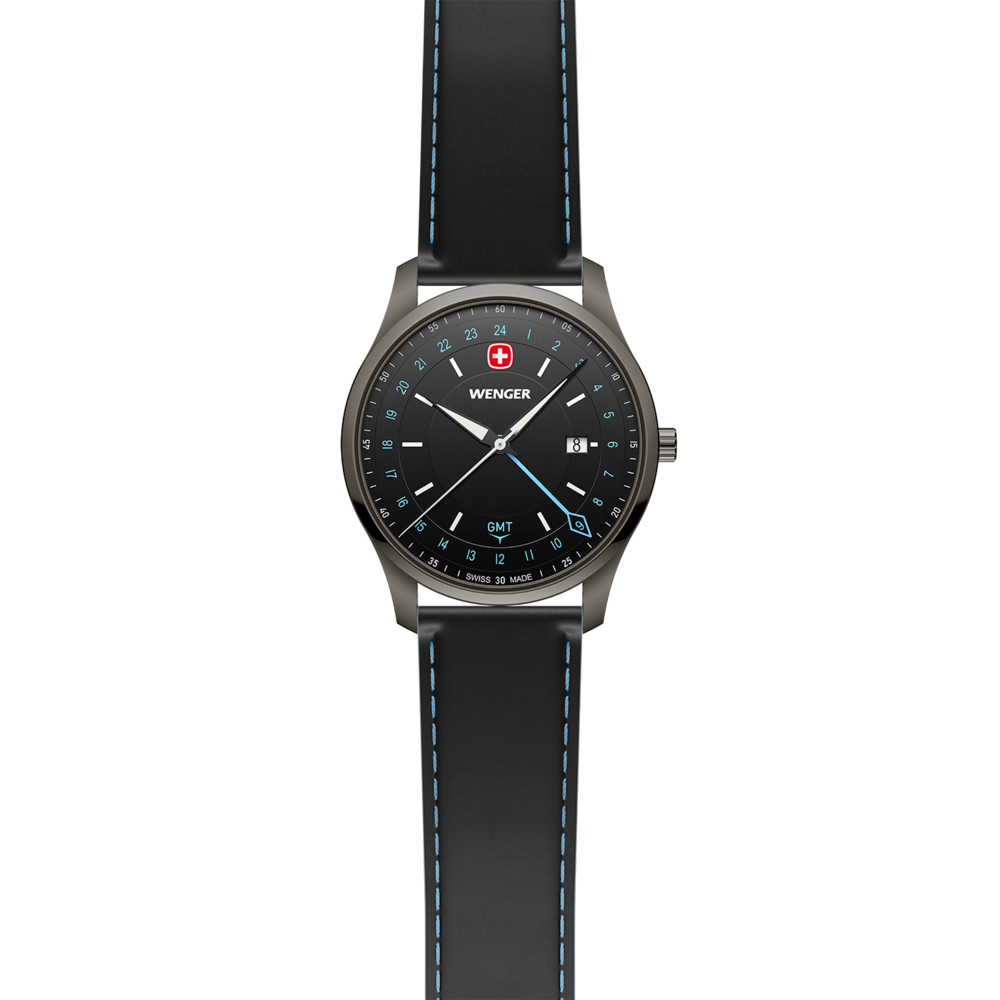 Eine schwarze Wenger Uhr mit blauem Faden und GMT-Funktion.