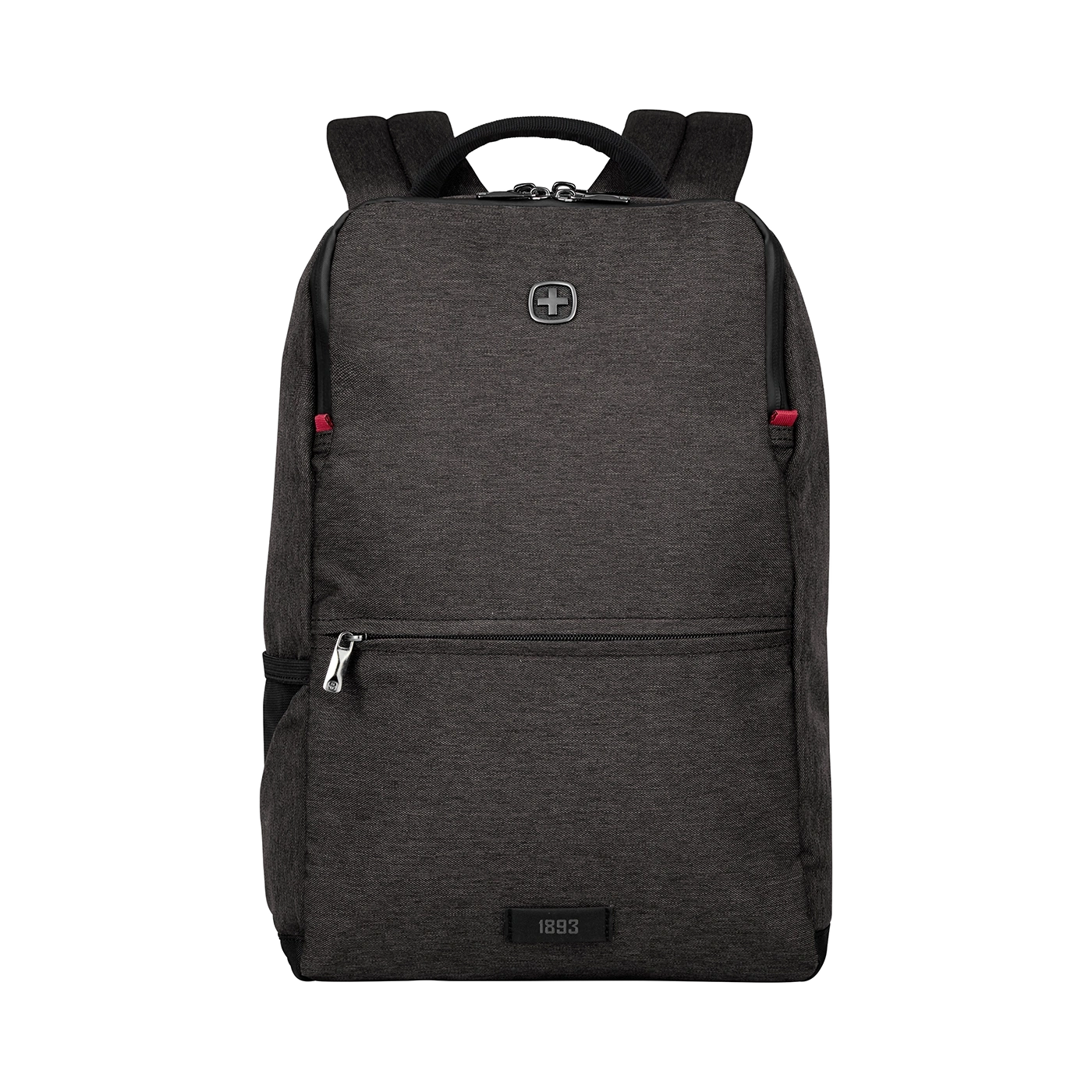 Dark gray backpack with zipper and logo on a black background, modern design.