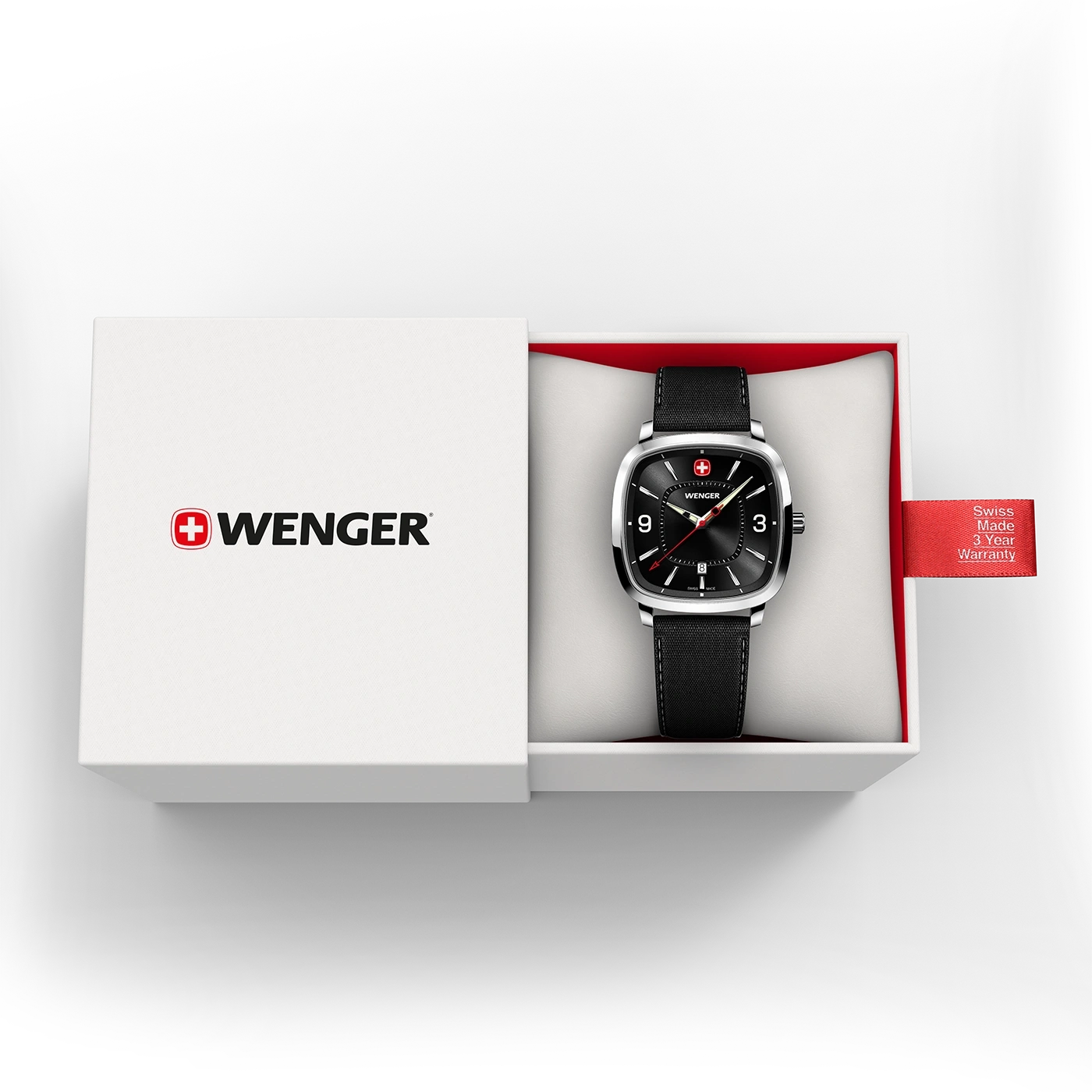 Wenger watch in a box with a red tag and a 3-year warranty