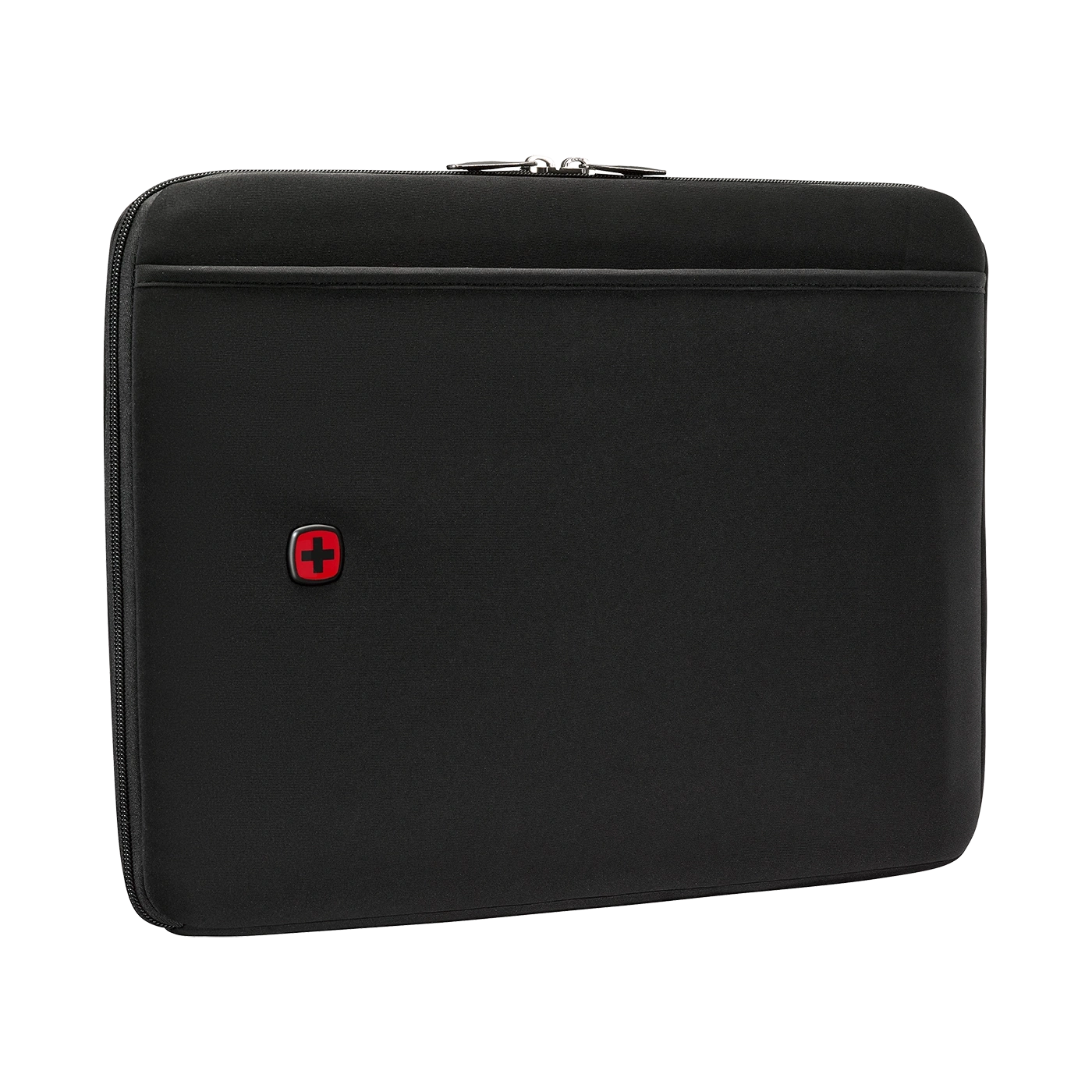 Black laptop sleeve with zipper and red logo, isolated on white background.