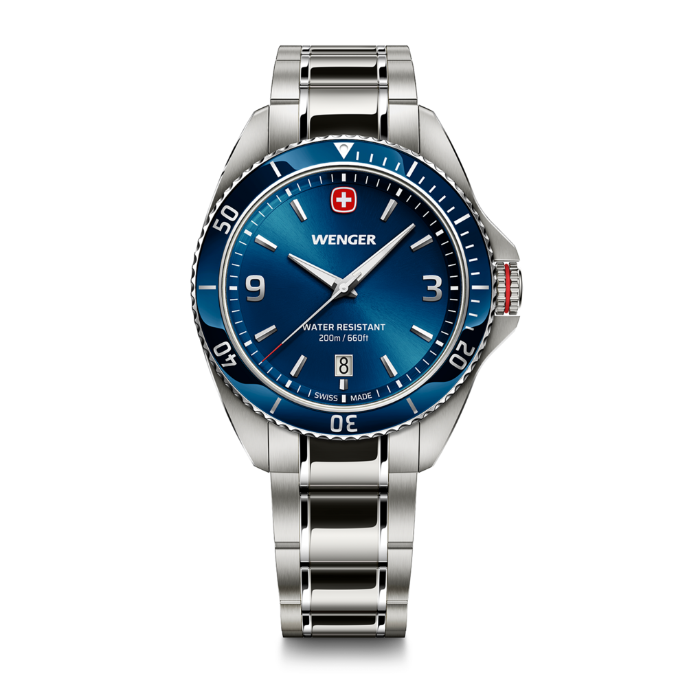 Wenger Uhr mit blauem Zifferblatt, Wasserdichtigkeit und Datumsanzeige.