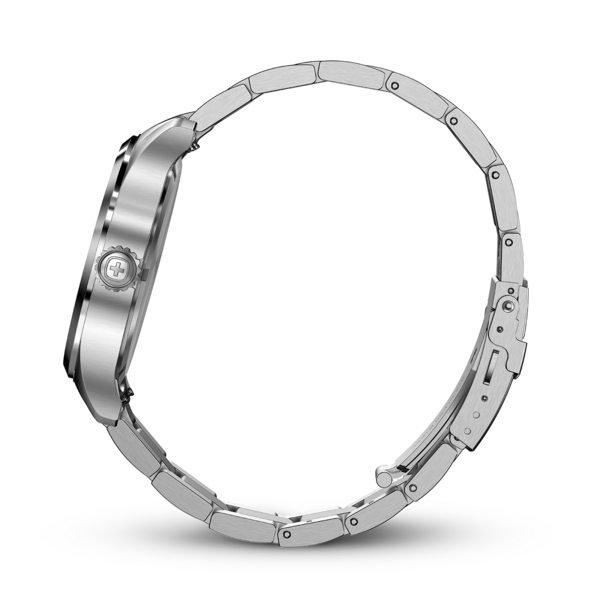 Silberne Uhr mit Armband auf schwarzem Hintergrund, Seitenansicht