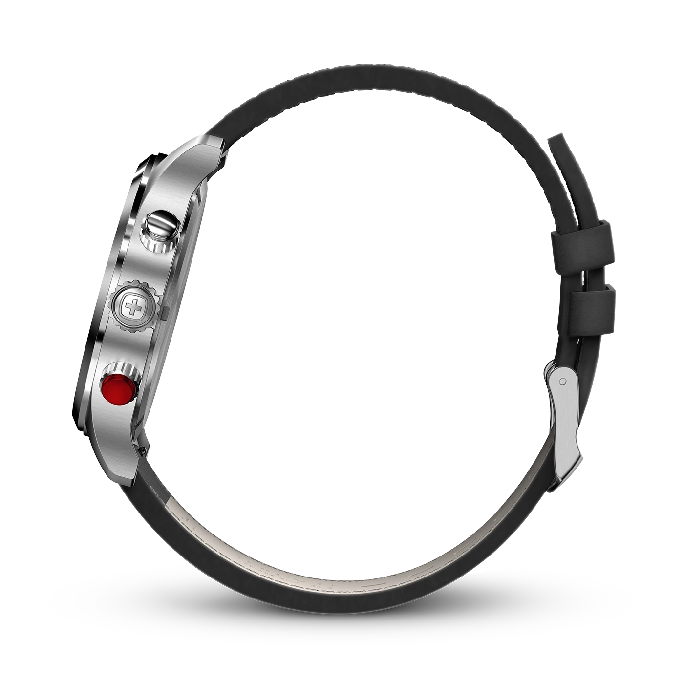 Uhr mit schwarzem Armband und silbernem Gehäuse, Seitenansicht