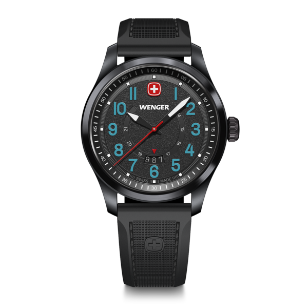 Black Wenger watch with blue-green numerals and red hands on a black background.