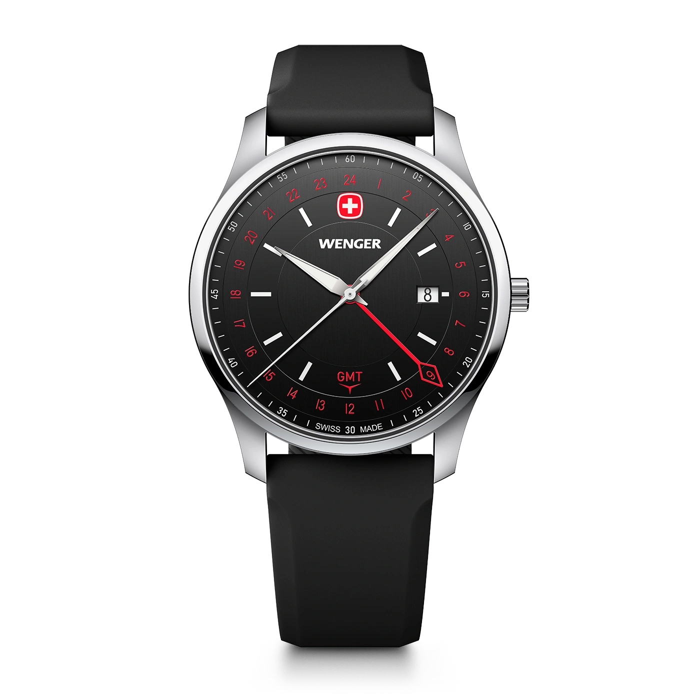 Herrenuhr silber-schwarz Ø 42 mm Quarzuhr mit GMT-Funktion, hergestellt in der Schweiz