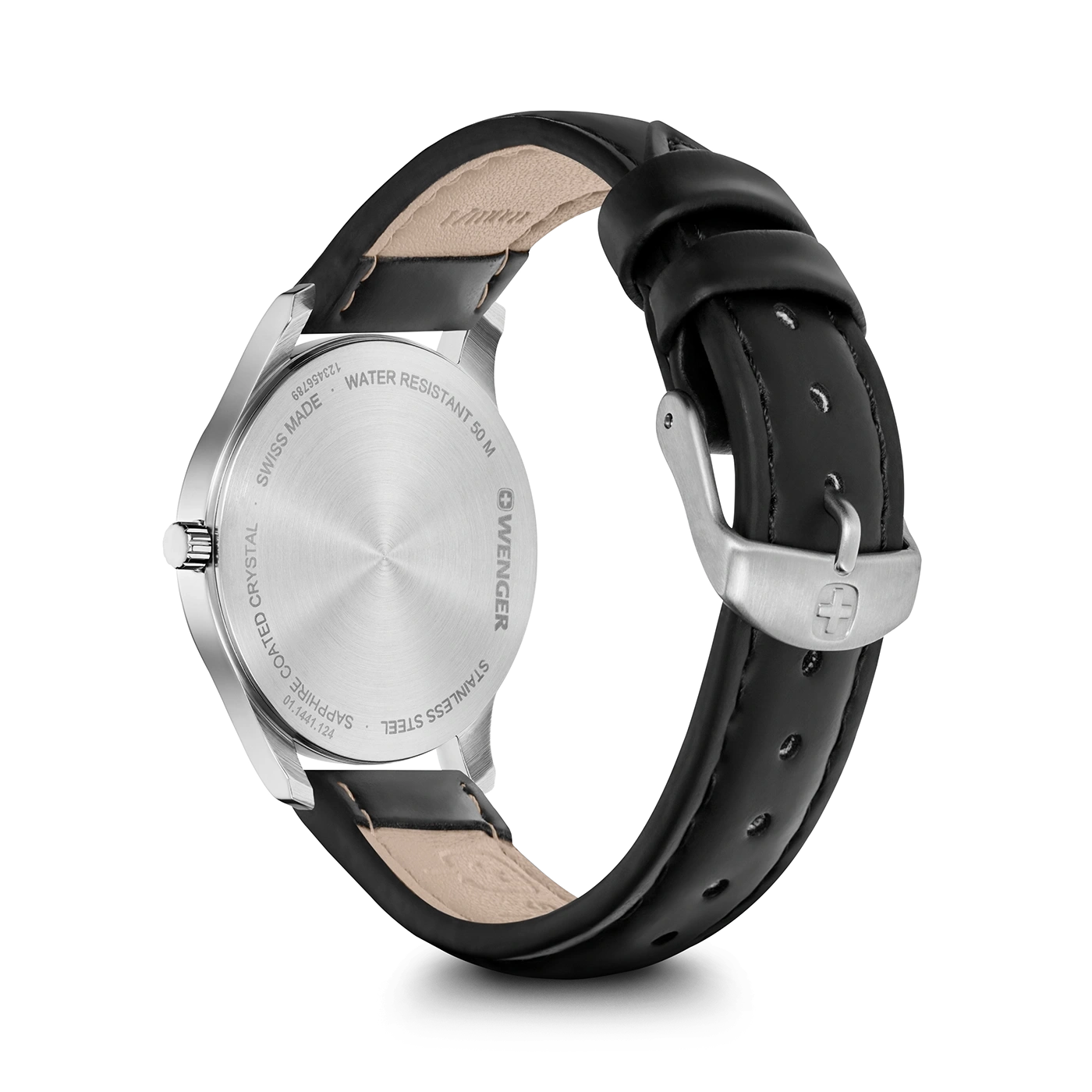 Wenger Uhr, Rückseite, Edelstahl, Lederarmband, wasserdicht, Swiss Made, Saphirglas