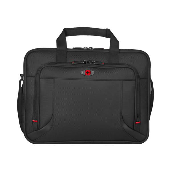 Schwarze Aktentasche mit rotem Kreuz-Logo und Reißverschlüssen, Griff