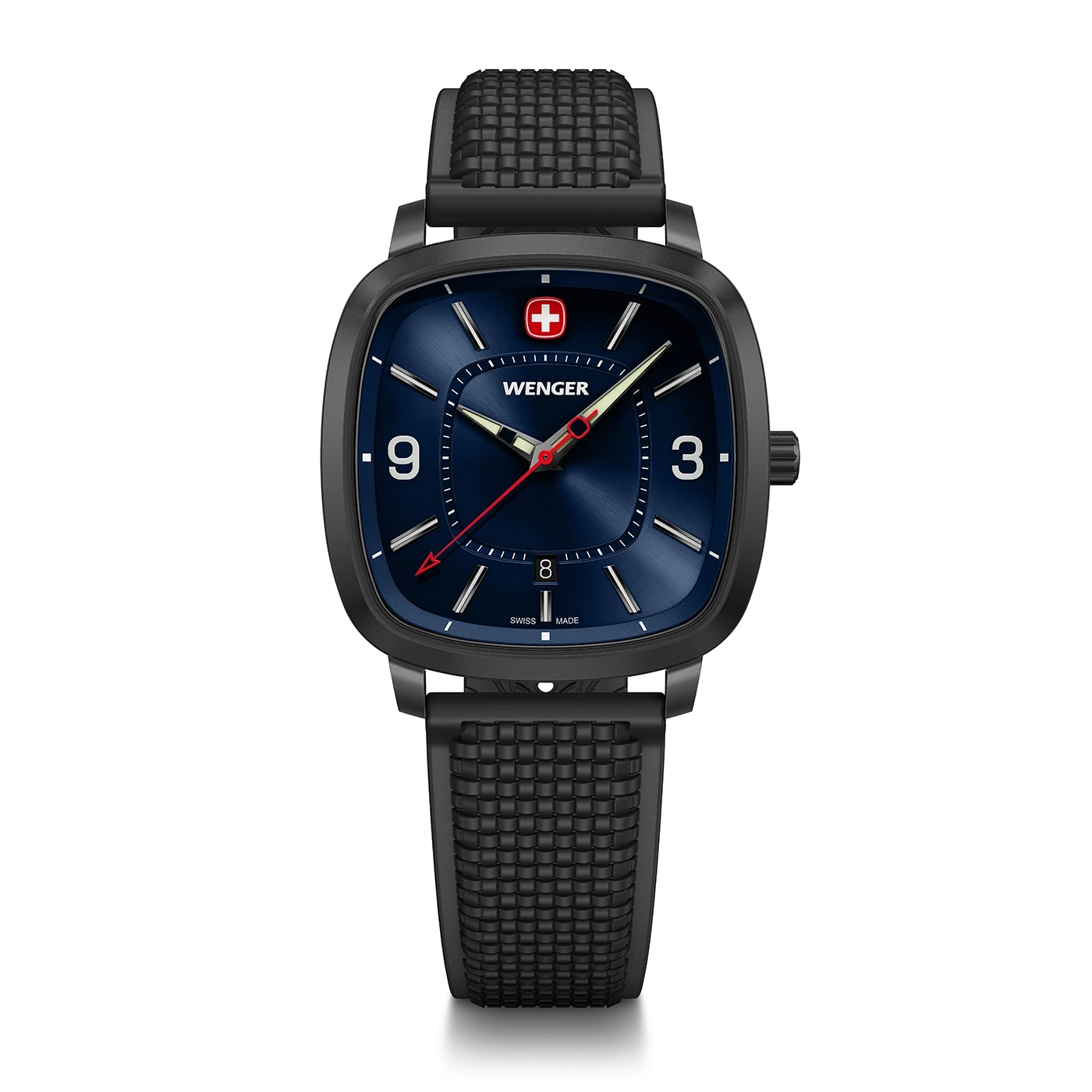 Wenger Uhr mit blauem Zifferblatt und schwarzem Armband, quadratisch