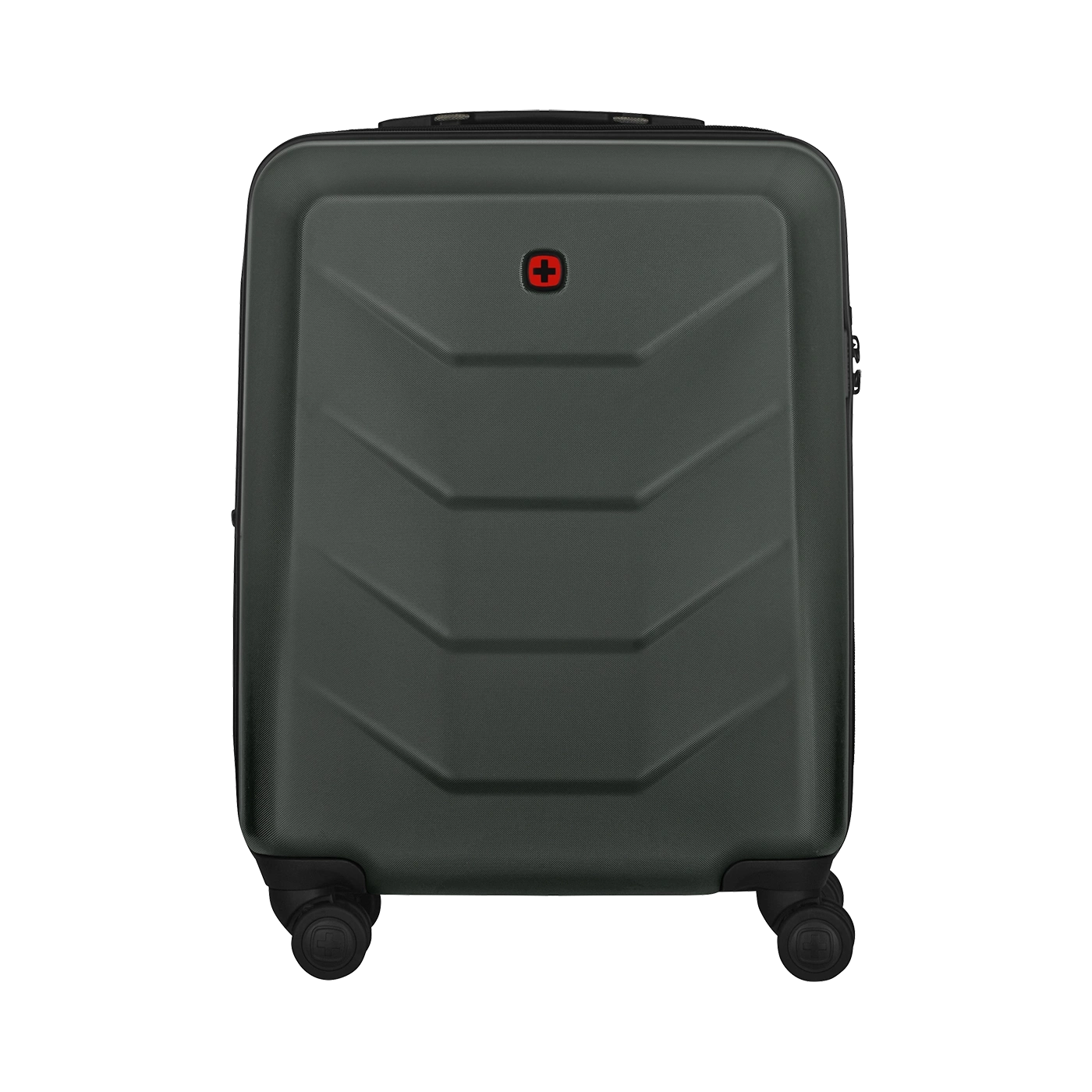 Dark green suitcase with red cross logo and four wheels, isolated on white