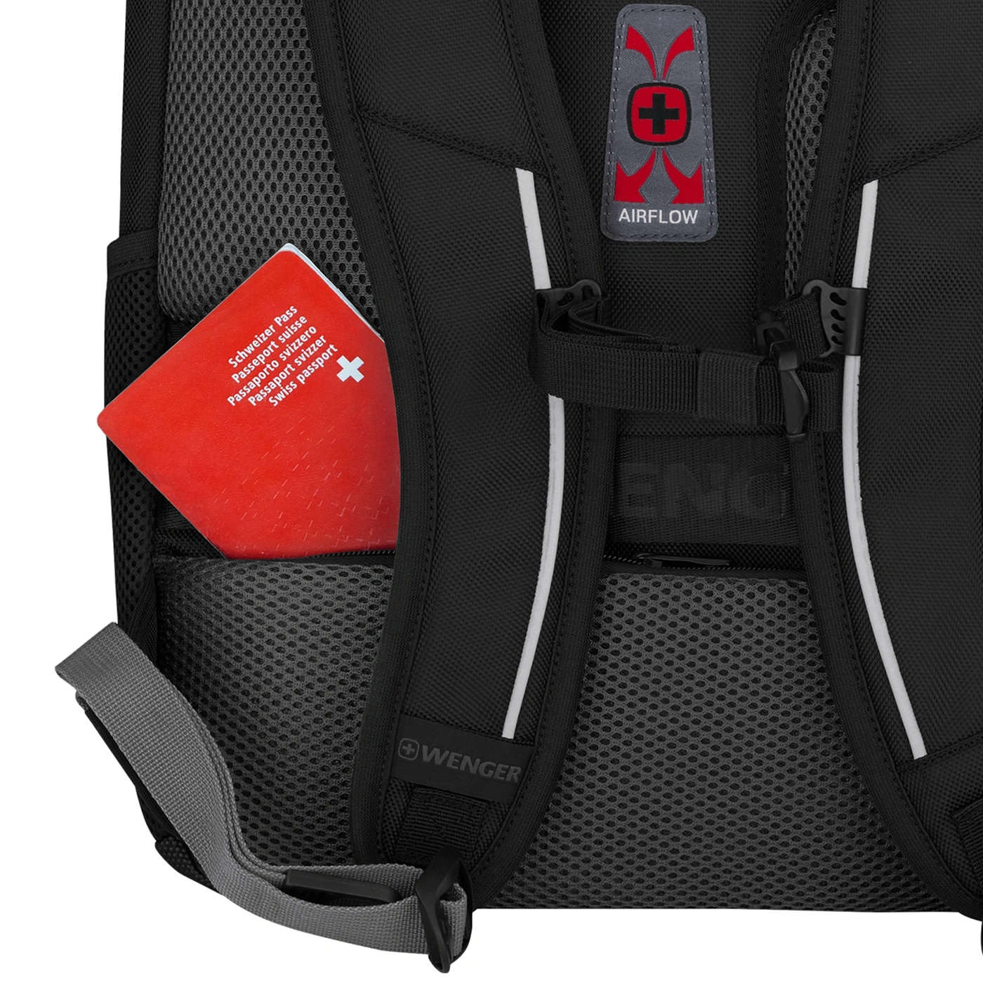 Schwarzer Rucksack mit Schweizer Pass und Airflow-Funktion von Wenger.