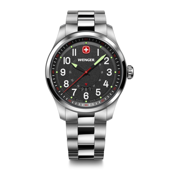 Wenger Uhr mit schwarzem Zifferblatt und silbernem Armband, Schweizer Design.