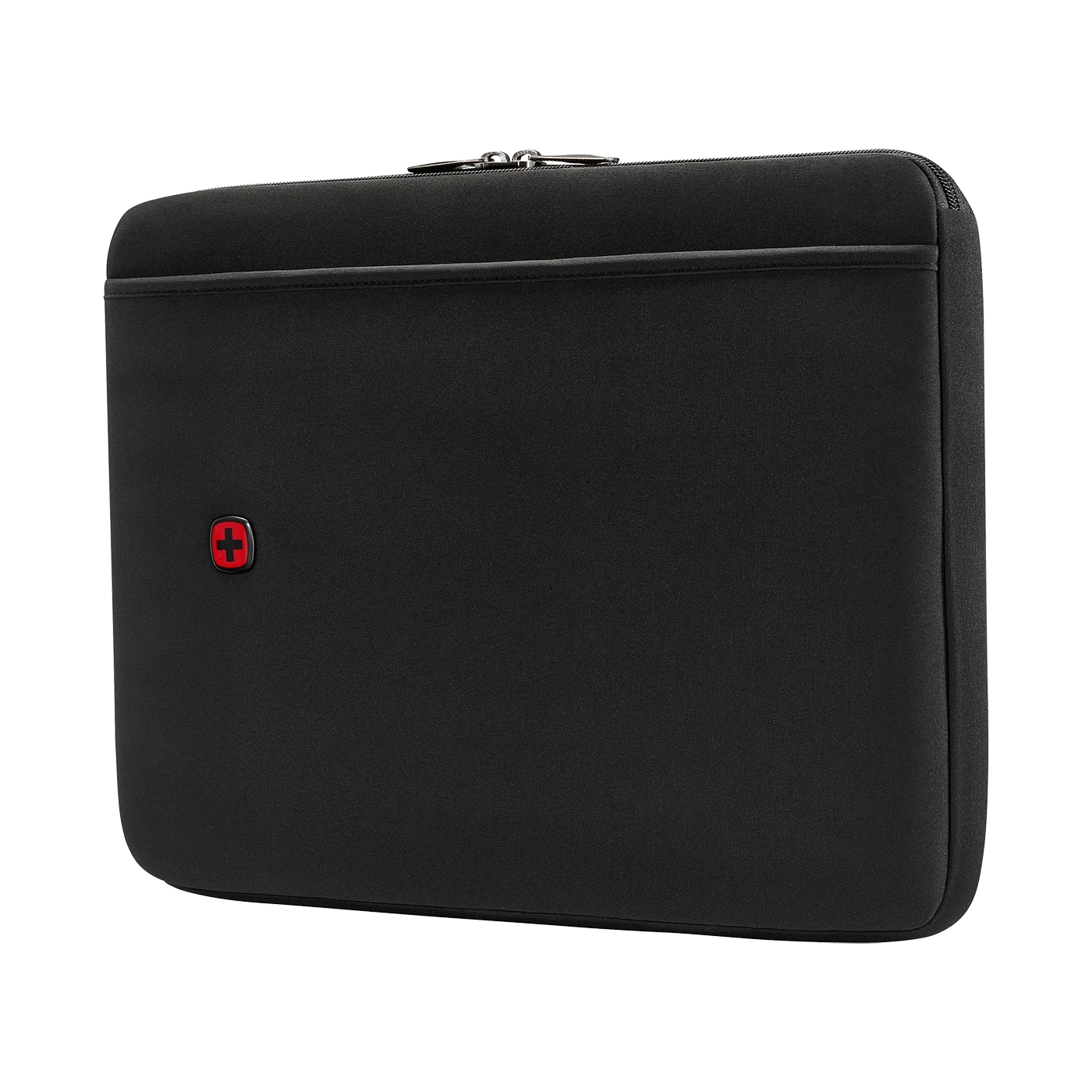 Black laptop sleeve with zipper and red logo, isolated on white background.
